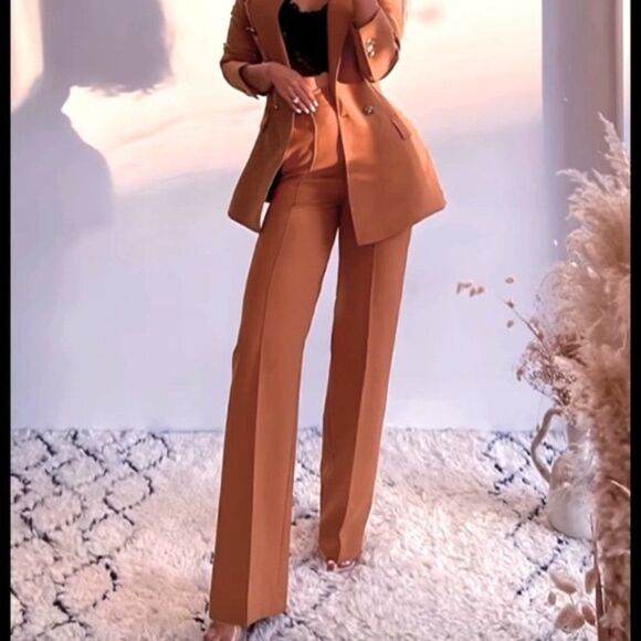 ZARA DARK CAMEL PANTS WIDE LEG NEW XS - Picture 1 of 12